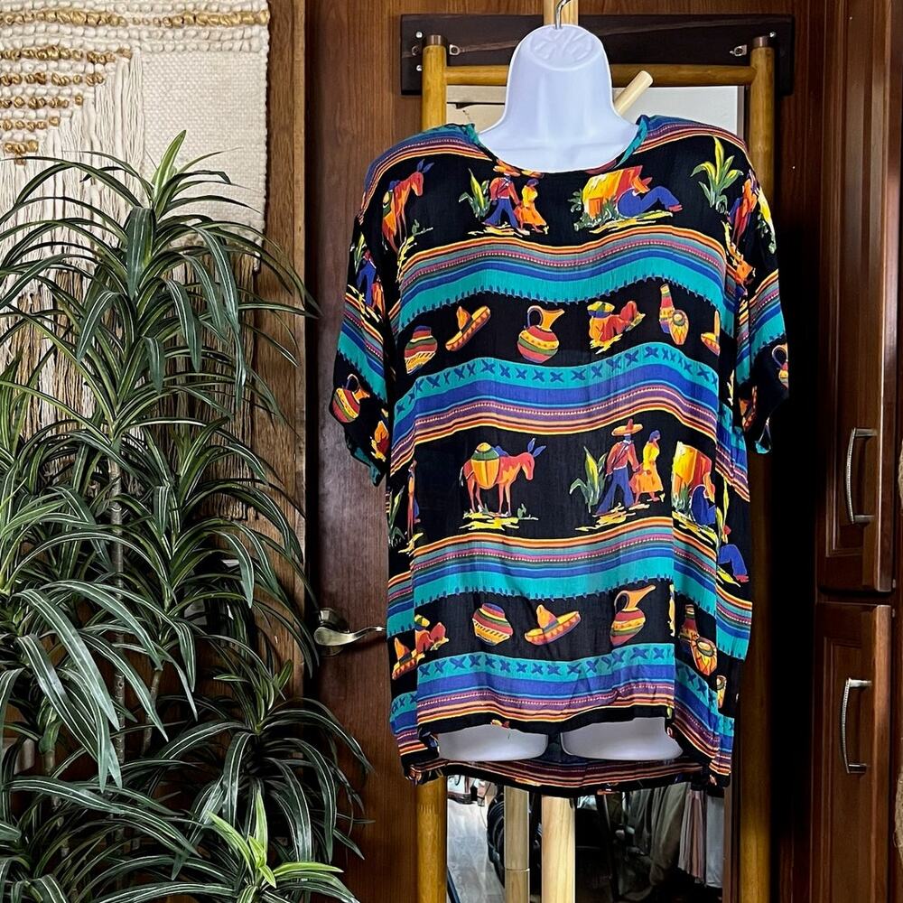 Vintage 90s Rayon Top Womens M Southwestern Novelty Graphic Stripe Santa Fe Tee